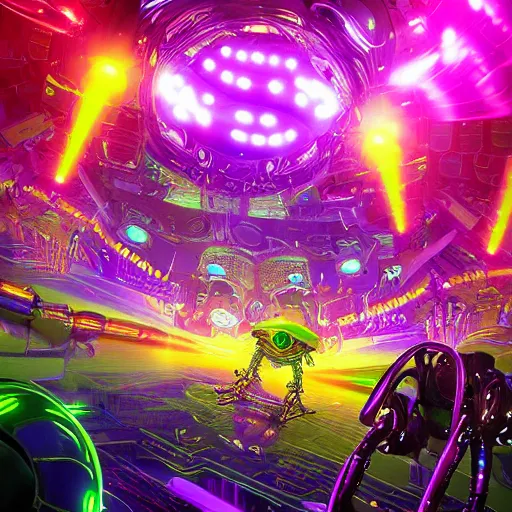 Image similar to robofrog cybercore disco rave. bright scene. fine detail. this 4 k hd image is trending on artstation, featured on behance, well - rendered, extra crisp, features intricate detail, epic composition and the style of unreal engine.