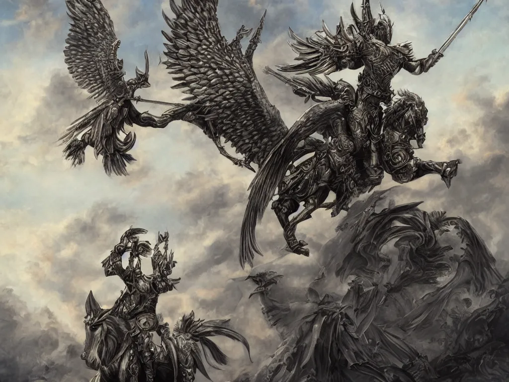 Prompt: valkyrie on pegasus, epic scene, style of brom, highly detailed