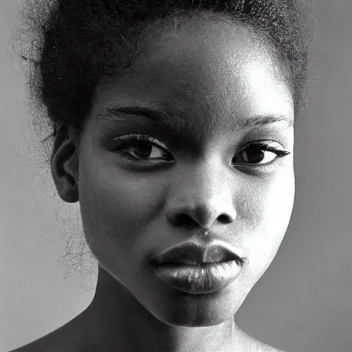 Prompt: black and white photo of a beautiful 1 9 8 7 young black model
