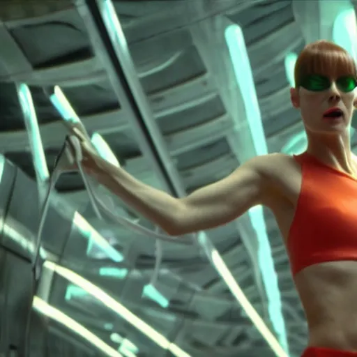 Image similar to The matrix, LeeLoo, Sprinters in a race, The Olympics footage, stylized, hyperreal, cinematic stillframe, The fifth element