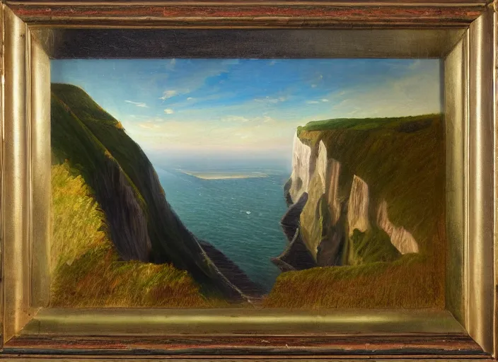 Image similar to cliffs of dover, uk in the style of hudson river school of art, oil on canvas, no frame