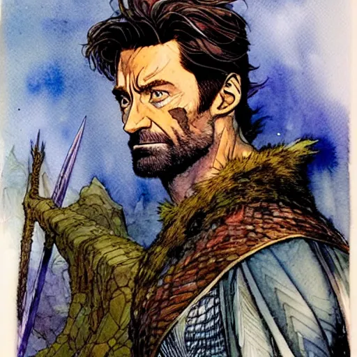 Prompt: a realistic and atmospheric watercolour fantasy character concept art portrait of hugh jackman as a druidic warrior wizard looking at the camera with an intelligent gaze by rebecca guay, michael kaluta, charles vess and jean moebius giraud