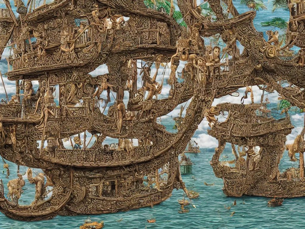 Image similar to bored ape yatch club monkeies by Chor Boogie, intricate details, ultra detailed, 4K, award-winning, touch of M. C. Escher and Salvador Dali