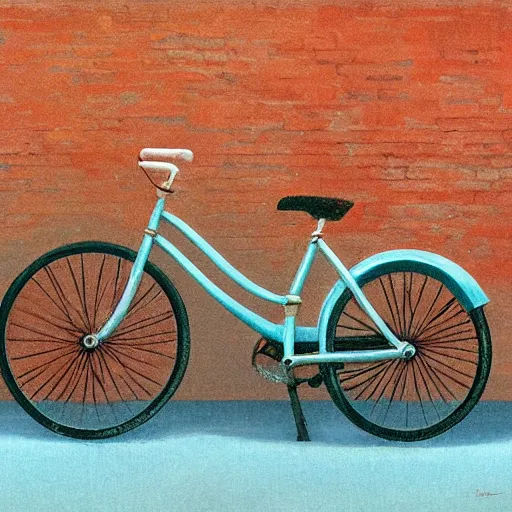 Prompt: a baby blue bike with a flower basket and white tires standing sideways next to a brick red wall, centered, matte painting, dusk, fashion, by rozalski and peter ilsted, artstation