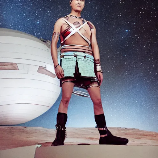 Image similar to portrait of iroquois warrior standing in front of a space ship command center, fashion editorial photography, waist up, low angle