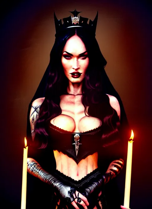 Image similar to megan fox witch queen, black eyes, blood, full body, intricate victorian dress, middle shot, cinematic lighting, studio quality, symmetrical eyes, caravaggio, artgerm, joshua middleton, rafael albuquerque, moody lighting, candles