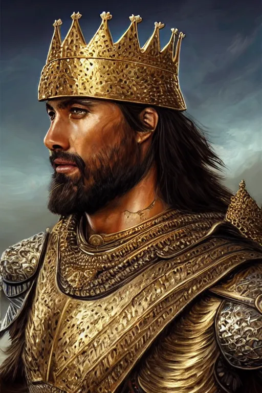 Prompt: Portrait of the King of the Desert, Warrior Man, standing in Sand, detailed scene, Gold Armour and Crown, Sword, handsome attractive face, beautiful face, photo realistic, highly detailed, dramatic lighting, majestic, trending on artstation, elegant, intricate, highly detailed, digital painting, concept art, by artgerm
