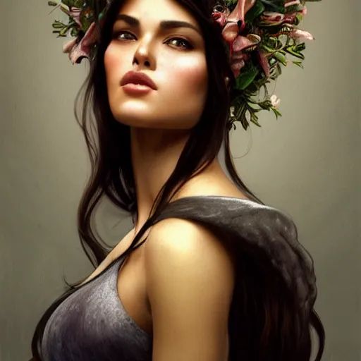 Prompt: Brazilan Supermodel posed in profile, wearing a floral crown, olive skin, long dark hair, beautiful bone structure, intricate, elegant, highly detailed, digital painting, artstation, concept art, smooth, sharp focus, illustration, art by artgerm and greg rutkowski and alphonse mucha