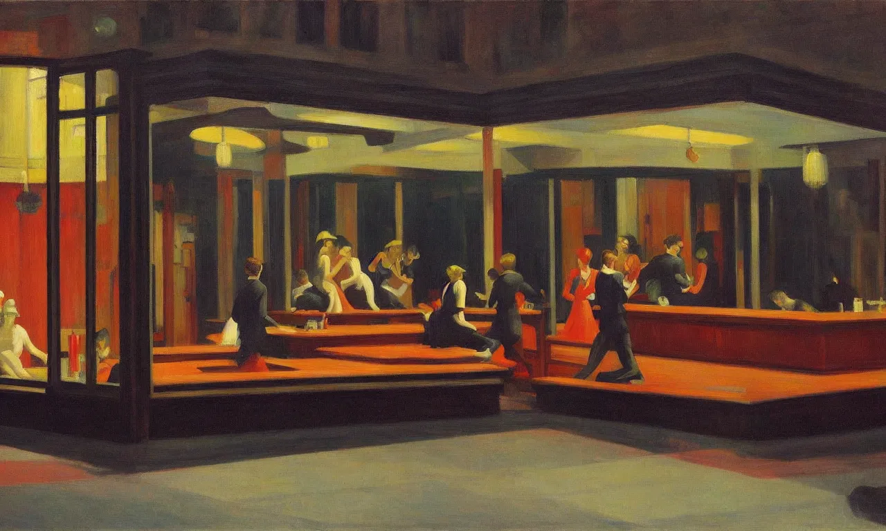 Prompt: an edward hopper style painting of a night club party