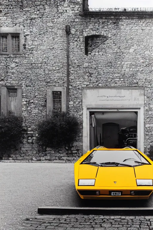 Image similar to Medium Format Portrait Photo of a Lamborghini Countach LP5000 QV parked on a dock in Lake Como, sunny, award winning, highly detailed, depth of field, Cinestill 800t, wide shot, photo print.