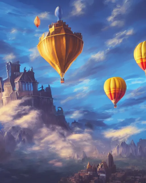 Image similar to flying cloud castle, buildings, baloons, machines, bright, blue sky, mountains, colorful, cinematic lighting, fantasy, high detail, airborne kingdom, illustration, masterpiece, artstation, 4 k, art by wylie beckert