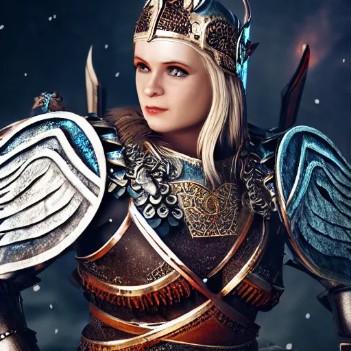 Prompt: realistic octane render of scandinavian valkyrie with strong beautiful face in armour insanely ornamented with north decorations, incredible detailed, octane render, dark mysterious atmosphere with ice and fire on the background,