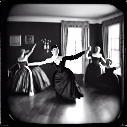 Prompt: pinhole black and white photo of a victorian living room with costumed people dancing