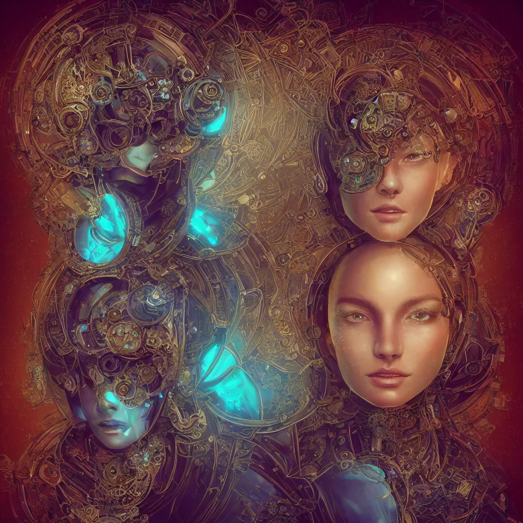 Image similar to beautiful symmetrical face portrait android woman time machine axonometric mechanical fantasy intricate elegant highly detailed in volumetric void of latent space lush flowers intricate jewellery, realm of the gods golden turquoise steampunk, axonometric high contrast cinematic light, mystical shadows, digital painting, sharp focus, octane render, photographic, concept art, artist leonardo davinci, unreal engine 8 k