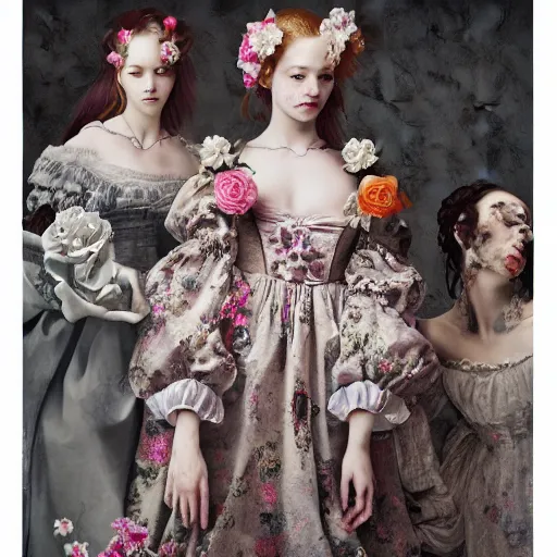 Image similar to 8k, octane render, realism, tonalism, renaissance, rococo, baroque, group of creepy young ladies wearing long harajuku manga dress with flowers and skulls, background chaotic flowers