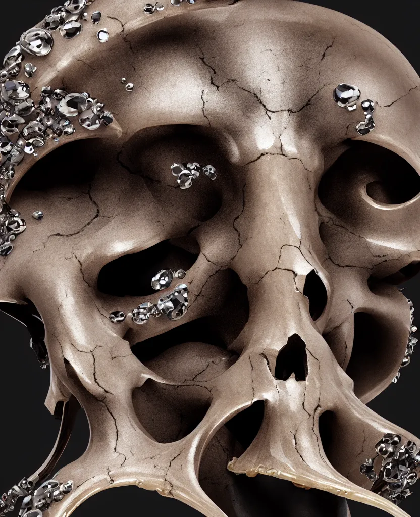 Image similar to goddess princess face close-up portrait ram skull. sculpture made of black stone with elements made of polished gold. jellyfish phoenix head, nautilus, orchid, skull, betta fish, bioluminiscent creatures, intricate artwork by Tooth Wu and wlop and beeple. octane render, trending on artstation, greg rutkowski very coherent symmetrical artwork. cinematic, hyper realism, high detail, octane render, 8k