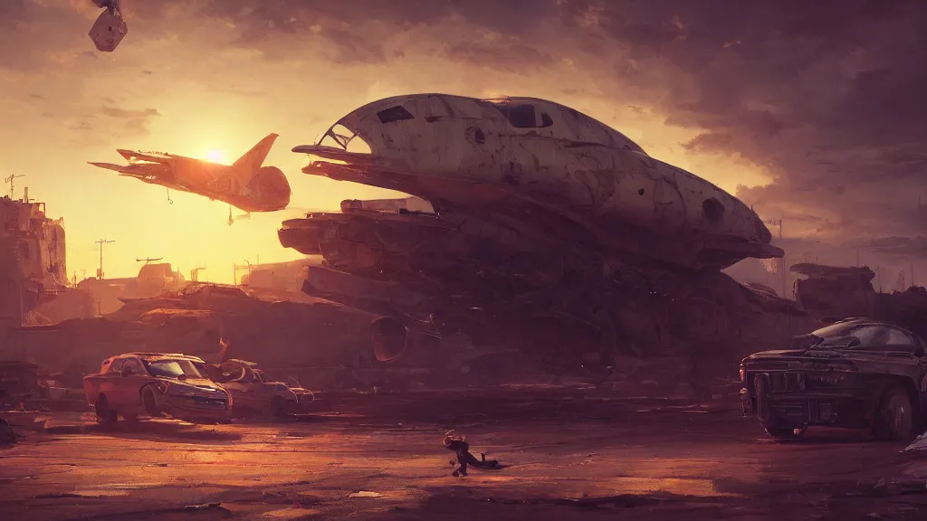 Prompt: a Photorealistic hyperrealistic render of a gigantic spaceship landing at a Junkyard by Greg Rutkowski,Nicolas Bouvier SPARTH,James Paick,WLOP,Artgerm,PIXAR,dramatic moody sunset lighting,long shadows,Volumetric, cinematic atmosphere, Octane Render,Artstation,8k