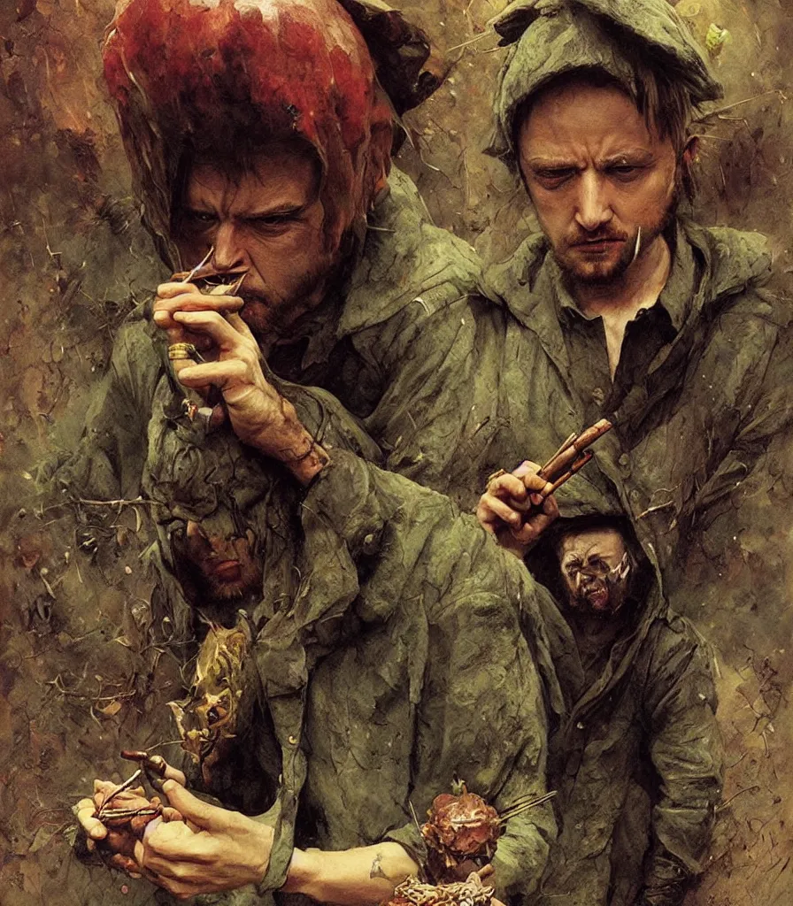 Prompt: Jesse Pinkman dressed as a Hobbit smoking a wood pipe by Esao Andrews and Karol Bak and Zdzislaw Beksinski