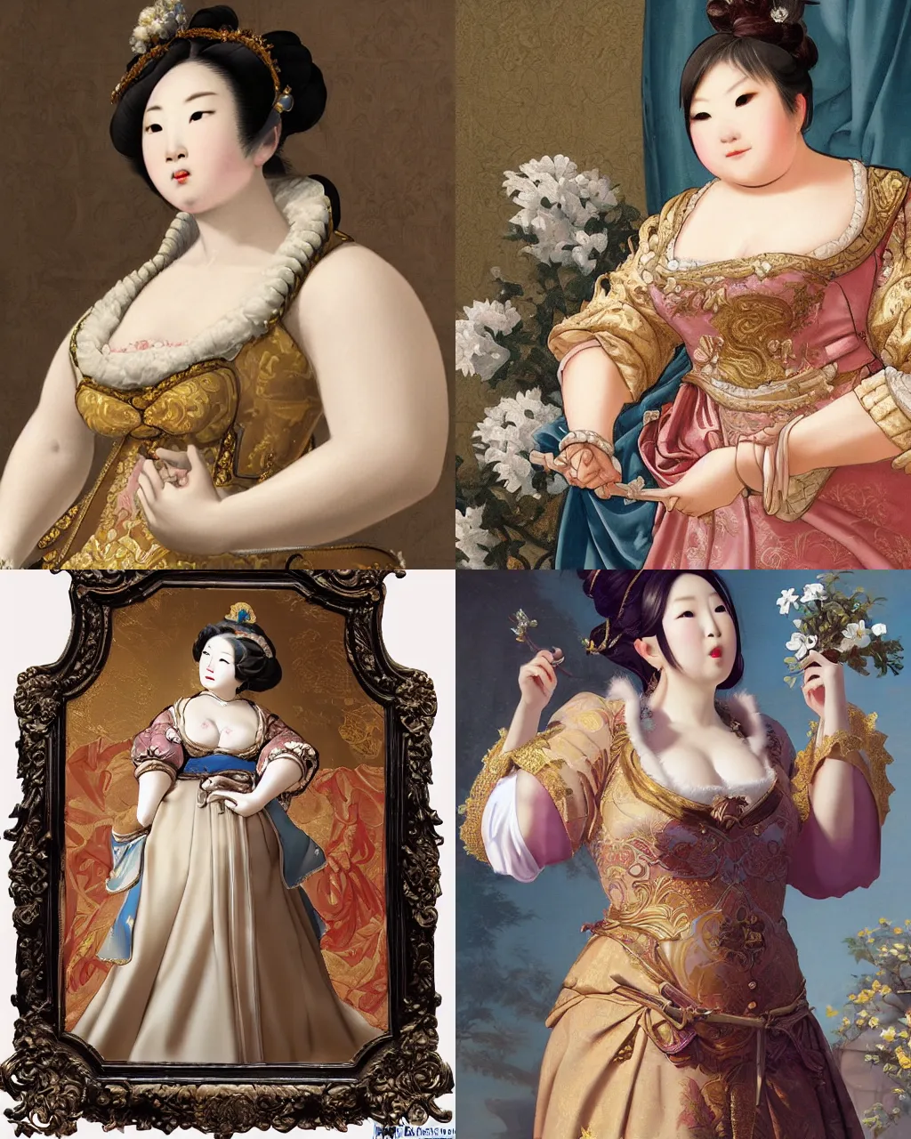 Prompt: Detailed Baroque painting of mei from overwatch as an elegant noblewoman, brocade dress, style of thomas kinkade and giotto, intricate, soft lighting, chubby big bosomy physique |