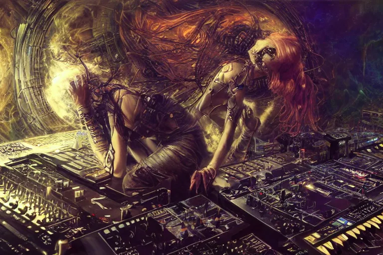 Image similar to a dynamic photo of a post apocalyptic angelic cyborg dj tweaking and playing synthesizers in the most complicated and technical spiral fractal musical studio, powerful, cinematic, beautifully lit, by donato giancola, by artgerm, by karol bak, 3 d, perfect face and body, trending on artstation, octane render, 8 k