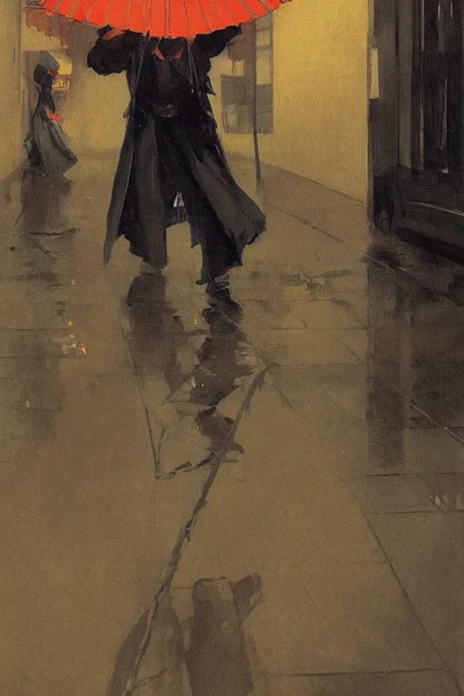 Image similar to portrit of a ninja on a rainy night by joaquin sorolla, greg rutkowski, hokusai