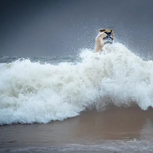 Image similar to a lion's face breaching through a wave, stormy weather