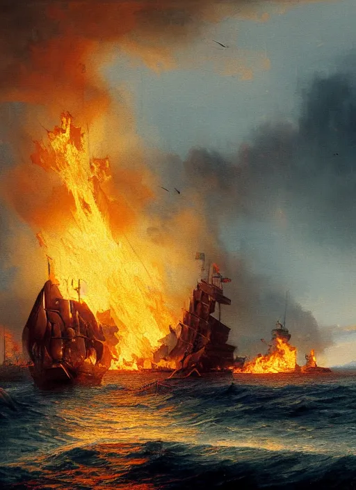 Image similar to painting of a ship burning in heavy flames in the middle of the ocean, a detailed matte painting by vilhelm lundstrøm, cgsociety, neo - romanticism, chillwave, matte drawing, official art