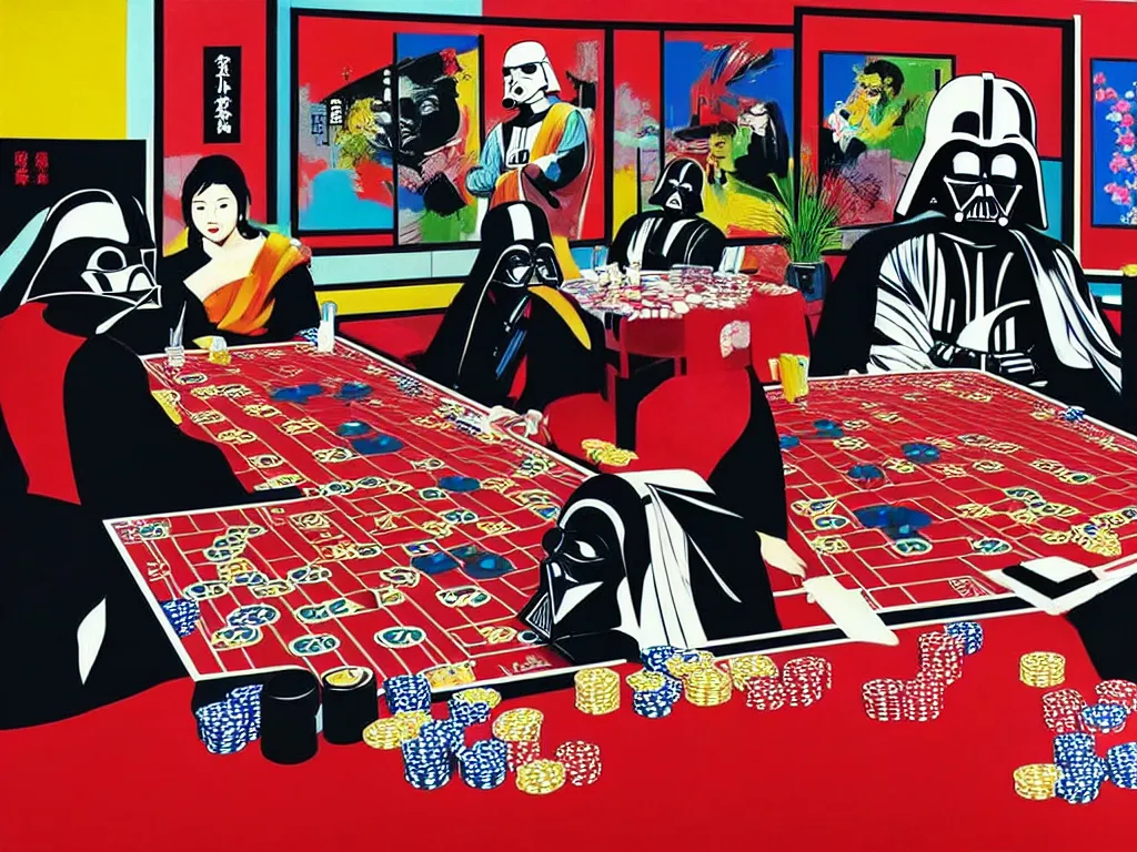 Image similar to hyper - realistic composition of a room with an extremely detailed poker table, woman in traditional japanese kimono standing nearby, darth vader sitting at the table, fireworks in the background, pop art style, jackie tsai style, andy warhol style, acrylic on canvas