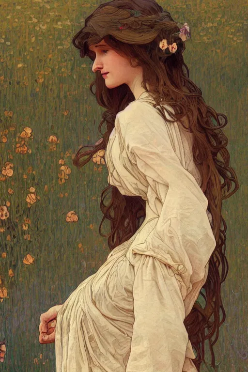 Prompt: beautiful natural coy cottagecore peasant maiden life drawing, intricate, elegant, highly detailed, digital painting, artstation, concept art, smooth, sharp focus, illustration, art alphonse mucha and james gurney