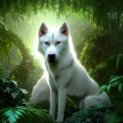 Prompt: white alaskan husky creature creature in a lush vegetation, warm tones, bioluminescent translucent : : by michal karcz, daniel merriam, victo ngai and guillermo del toro : : ornate, dynamic, particulate, intricate, elegant, highly detailed, centered, artstation, smooth, sharp focus, octane render, 3 d