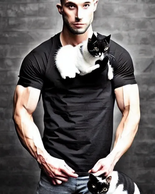 Prompt: badass muscular gangsta wearing ripped t - shirt with cute kitten