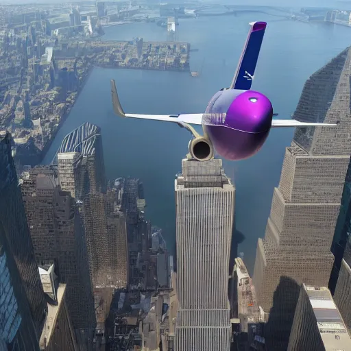 Image similar to Barney the Dinosaur flying a 777 right into one of the world trade center buildings