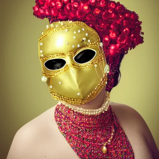 Image similar to a woman wearing a gold mask with pearls, a colorized photo by tahir salahov, pixabay contest winner, rococo, movie still, anaglyph filter, fantasy