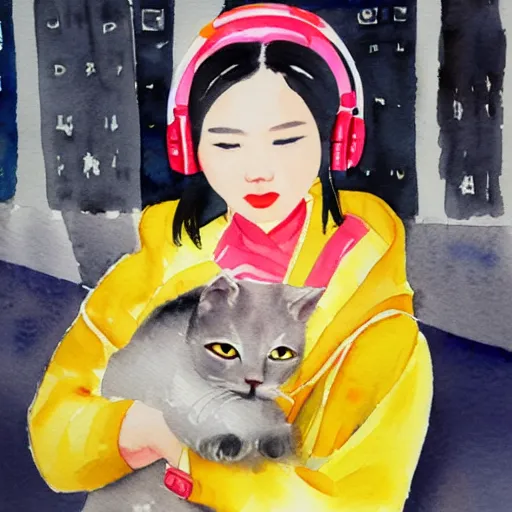 Image similar to cute Chinese young woman with headphones and a yellow backpack in New York, she has a cat, highly detailed watercolor painting