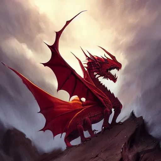 Image similar to red dragon close up by greg rutkowski, drark, marvel comics, dark, plutus su and chris scalf and lucas graciano and billy christian, symmetrical, mountains, red and gold color palette, painting, d & d, fantasy, detailed, realistic, complimentary colors, light, artstation, cinematic, dramatic lighting, close up, storm clouds, hudson river school