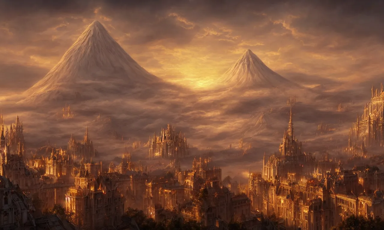 Prompt: beautiful gold fantasy city made from white stone and bright copper built on a volcano, gondor, misty, red sky, medieval city, metropolis, magic, gorgeous clouds, white marble, god rays, digital art, landscape, fantasy art, octane render, ureal engine, high detail, very realistic, by greg rutkowski. by james gurney