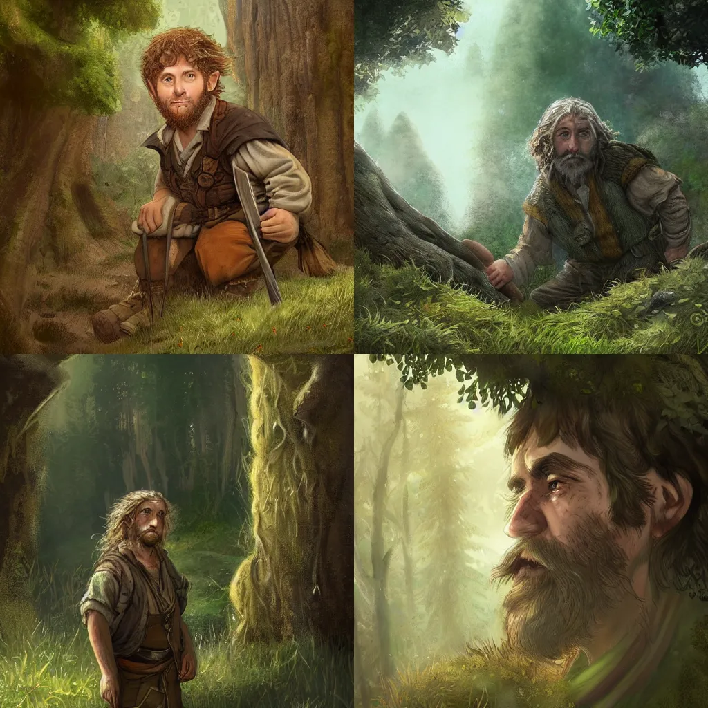 Prompt: a portrait of a rugged hobbit, forested background, epic fantasy, concept art