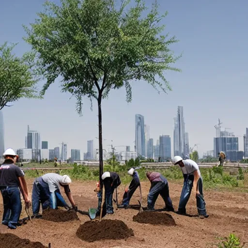 Image similar to a group of workers planting trees in front of a clean white sci fi containment building with a utopian city in the distance