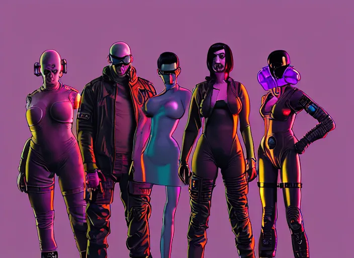 Image similar to cyberpunk hazmat tactical squad. portrait by stonehouse and mœbius and will eisner and gil elvgren and pixar. character design. realistic proportions. cyberpunk 2 0 7 7 character art, blade runner 2 0 4 9 concept art. cel shading. attractive face. thick lines. the team. diverse characters. artstationhq.