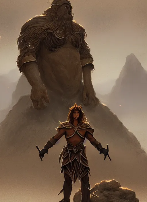 Image similar to Handsome brown haired elven warrior standing beside a large golem made of wood. Haughty look. In style of Hyung-tae Kim, Greg Rutkowski and Larry Elmore, concept art, trending on ArtStation, Korean MMORPG, over-detailed art, 8K, epic, dynamic lightning, scenery.