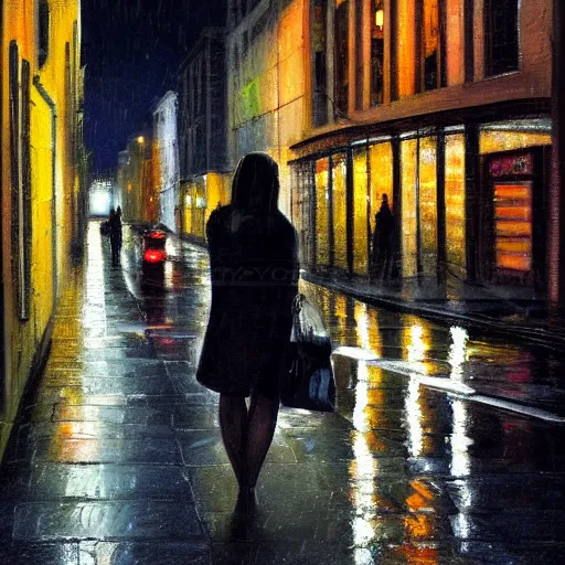 Image similar to wide angle painting of a beautiful woman in a drizzly night city street scene. beautiful use of light and shadow to create a sense of depth and movement. uses a limited color palette, providing a distinctive look.