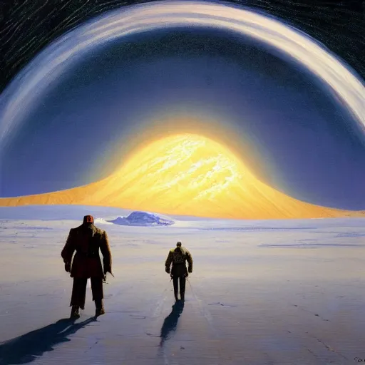 Prompt: an epic painting of an orthodox patriarch walking along an airless icy planet in the endless starry night of space, unreal 5, DAZ, detailed, soft focus, brilliant, 4k, 8k, HD, trending on artstation, art by Rick Guidice painting by Robert McCall by John Harris, abstract