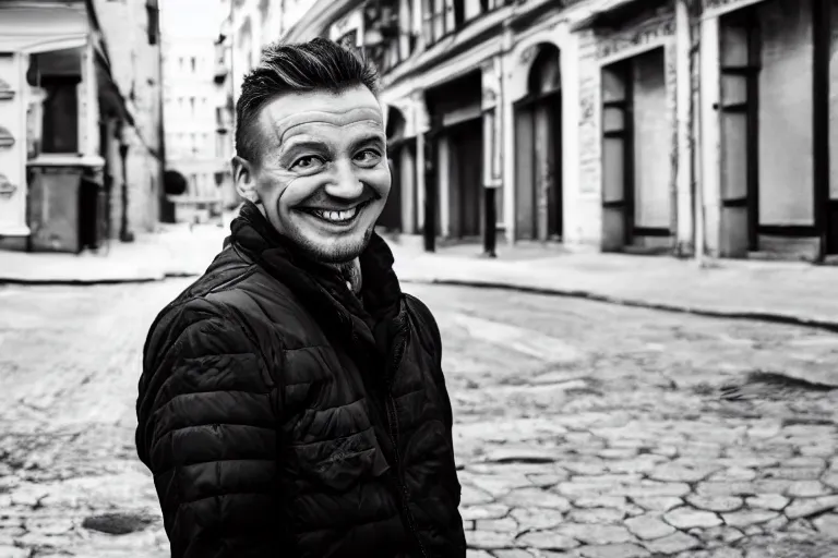 Prompt: still photo of a russian man smiling at the camera on the street, black and white color aesthetic, highly detailed, photorealistic portrait, bright studio setting, studio lighting, crisp quality and light reflections, unreal engine 5 quality render