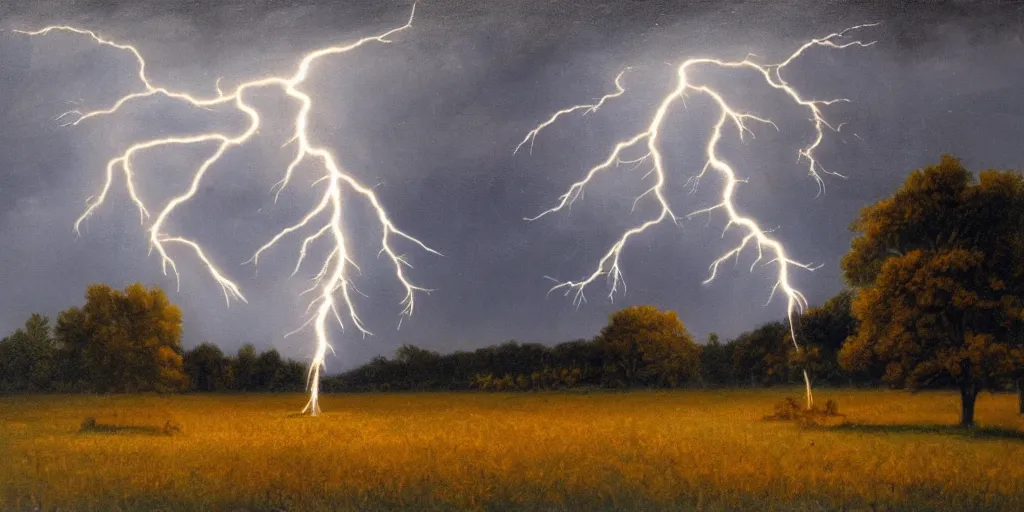 Image similar to lightning strikes a tree in the middle of a field, painting By Jean DeVille,