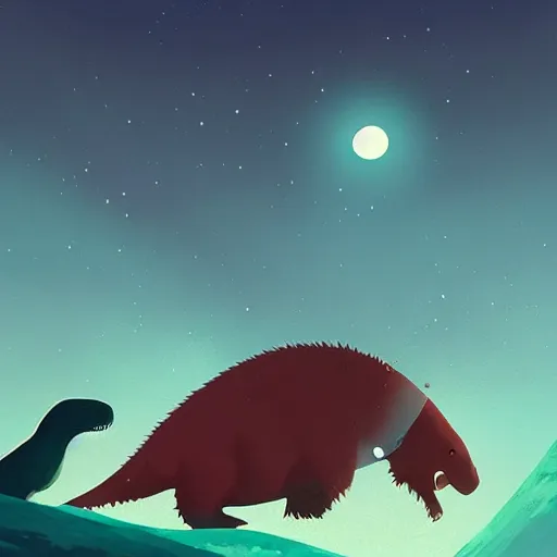 Prompt: a tyrannosaurus eating a baby harp seal, in a tropical alien world, atey ghailan, goro fujita, studio ghibli, scary lighting, clear focus, very coherent