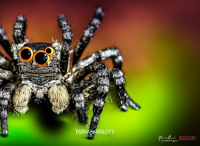 Image similar to super macro of a crystal spider with big eyes sitting on a flower, in the forest. Fantasy magic style. Highly detailed 8k. Intricate. Nikon d850 300mm. Award winning photography.