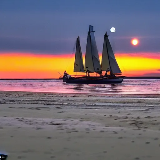 Image similar to sailboat stuck at low tide, sunset, two moons in sky, star wars ewoks helping to push it in water, ewoks pushing, ewoks helping, ewoks