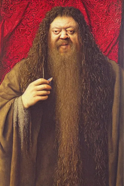 Image similar to portrait of hagrid, oil painting by jan van eyck, northern renaissance art, oil on canvas, wet - on - wet technique, realistic, expressive emotions, intricate textures, illusionistic detail