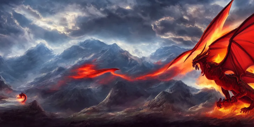 Prompt: a powerful flying fire Dragon spitting fire fighting against a strong Wizard which spells lightning strikes in the foreground, big Mountains and wide forrests are in the Background, stormy weather at night ,cinematic Style, hyperrealistic, artstation