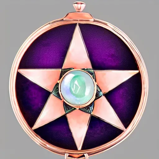 Prompt: a photo of the lid of a vintage circular powder compact with a 14k rose gold inlaid pentagram that has a different colored gem stone at each point, translucent pink basse-taille enamel over guilloché turned engraving and a large, round star sapphire cabochon in the middle encircled by a sterling silver crescent moon inlay. 18th century.